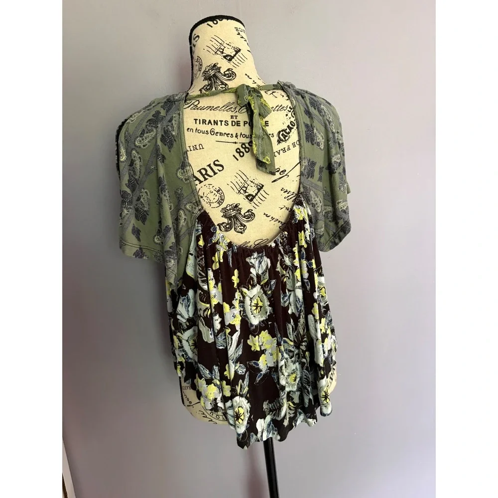 Free People Mixed Floral Paisley Cold Shoulder Open Back Tie‎ Top Green Black XS